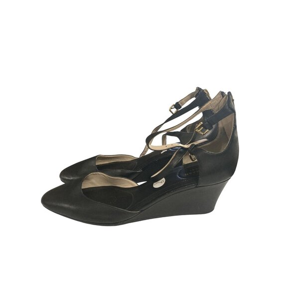 Cole Haan Women Size 9.5 Black Leather Ankle Strap Wedge Rear Zip Heels shoes - Picture 2 of 7